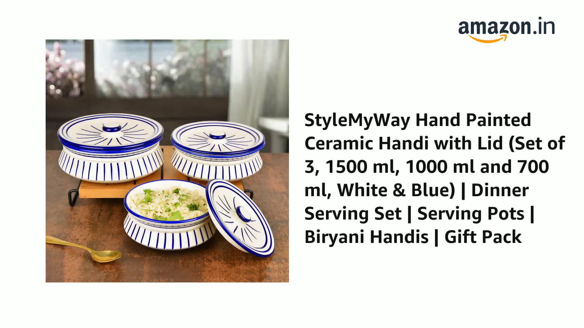 Buy StyleMyWay Hand Painted Ceramic Handi with Lid (Set of 3, 1500